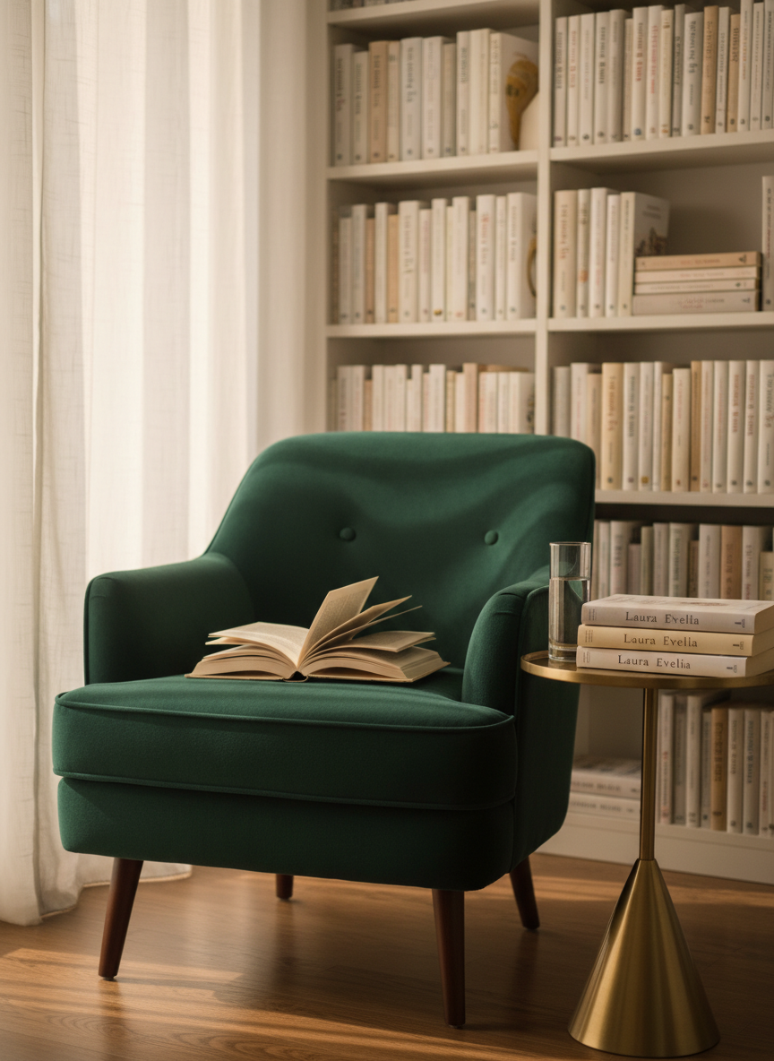 A refined reading corner devoted to the universe of Laura Evelia: a deep emerald velvet armchair with an open, linen-covered book resting on its seat, pages slightly curved as if recently read. A small round side table in brushed brass holds a stack of her novels and a minimalist glass of water. Floor-to-ceiling bookshelves, color-coordinated in soft neutrals, rise behind the chair. Late afternoon light filters through sheer curtains, casting a warm, diffused glow and subtle patterns on the floor. Photographic realism, shot from a three-quarter angle with medium depth of field, emphasizing the chair and open book, creating a sophisticated, intimate sanctuary for literary reflection.