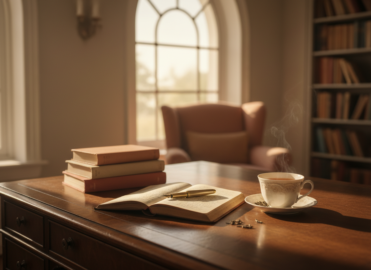 Escritorio de madera junto a una ventana con luz cálida, un cuaderno abierto, una pluma estilográfica y una pila de libros.