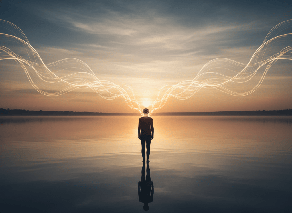 Una imagen editorial sofisticada y poética para una reflexión de blog sobre encontrar la propia voz: una figura humana de espaldas frente a un paisaje sereno al amanecer, con ondas sutiles de luz que salen desde la garganta y se expanden hacia el cielo, simbolizando expresión, autenticidad y crecimiento personal. Paleta cálida y elegante, tonos terracota, crema, dorado suave y azul profundo; composición limpia, contemplativa, sin texto, sin letras, sin logotipos.